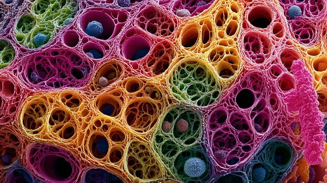 A colorful microscopic view of cellular structures in a vibrant scientific pattern