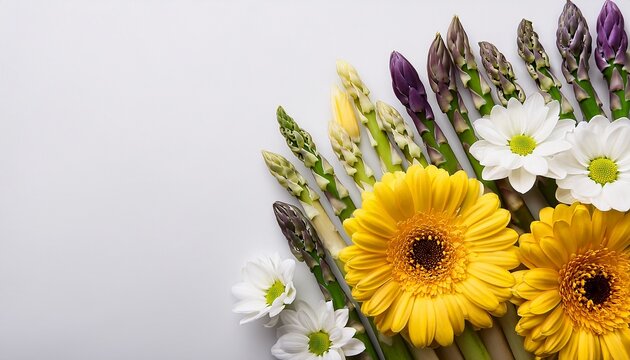 Top view of green, white and purple asparagus and yellow fresia flowers on white background with copy space