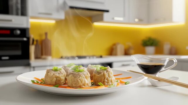 Steaming plate of dim sum dumplings on kitchen table. Hot Asian food ready to eat. Culinary concept