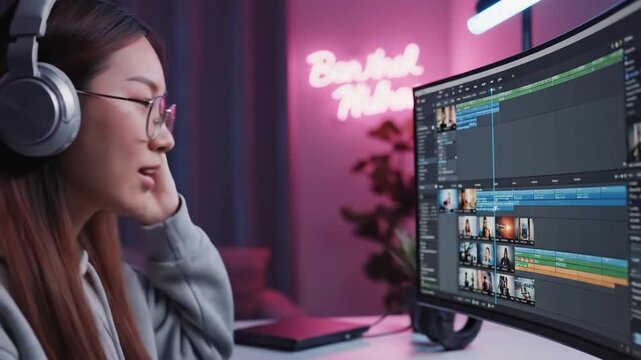 Young woman wearing headphones editing video on computer in pink lit room