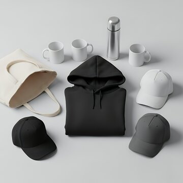 Mockup of collection of blank merchandise items including hoodie tote bag mugs thermos and caps for branding for commercial usage beanie mockup clothing mockup isolated apparel winter fashion cap casu
