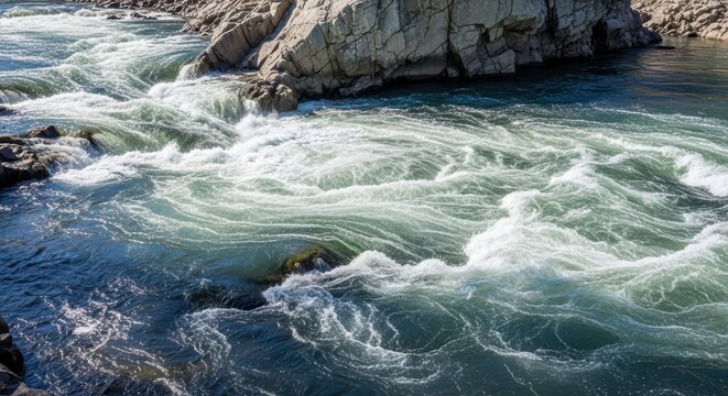 Turbulent river eddies forming complex vortex patterns in a powerful natural flow over rocks