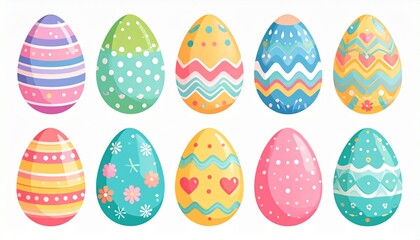 A vibrant collection of ten beautifully decorated Easter eggs, featuring a variety of festive patterns and pastel colors, perfect for holiday celebrations and spring themes and designs