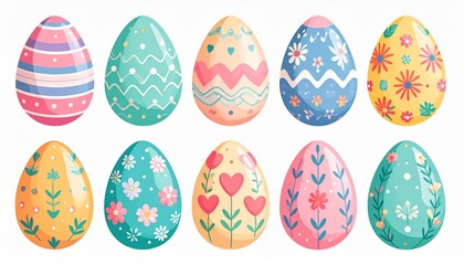 A Collection of Beautifully Decorated Easter Eggs in Various Pastel Patterns and Floral Designs