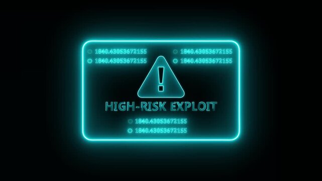 High risk exploit obscurity warning interface animation with glowing neon vulnerability alert panel, futuristic hacker attack notification and network security display