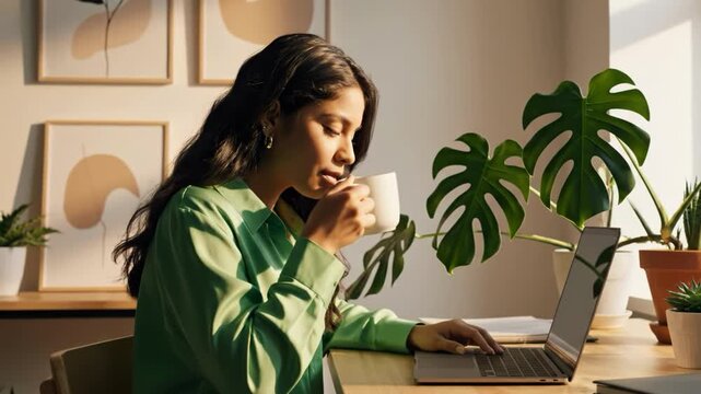 Woman working on laptop with plants in a cozy home office
