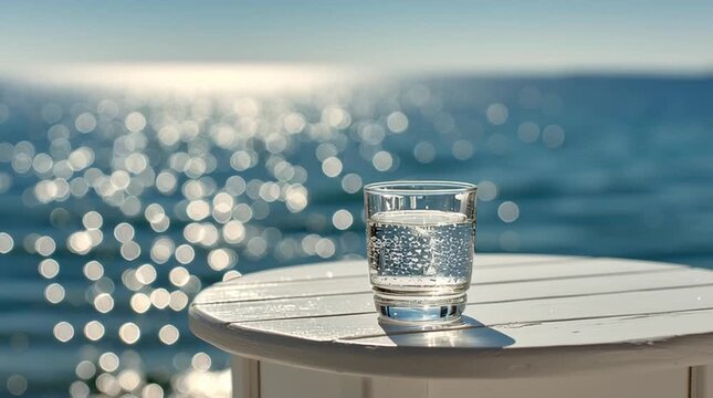 Cool Glass of Water by the Sea: A crisp, refreshing glass of water glistens in the sunlight, set against a backdrop of shimmering sea. capturing the essence of hydration and tranquility.