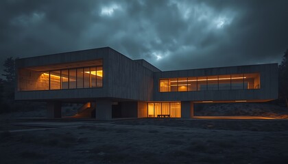 Obraz premium Modern Concrete Architectural Masterpiece Illuminated Warmly at Dusk, Standing Serene Under a Dramatic Evening Sky, Showcasing Minimalist Design and Contemporary Elegance