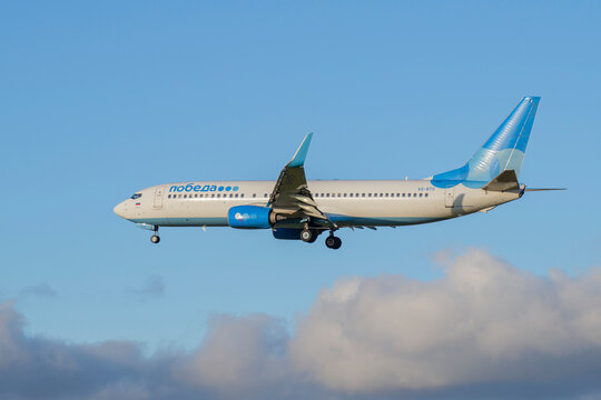 SAINT PETERSBURG, RUSSIA - OCTOBER 25, 2018: Boeing 737-800 (VQ-BTD) of the Russian low-cost Pobeda airline on the glide path