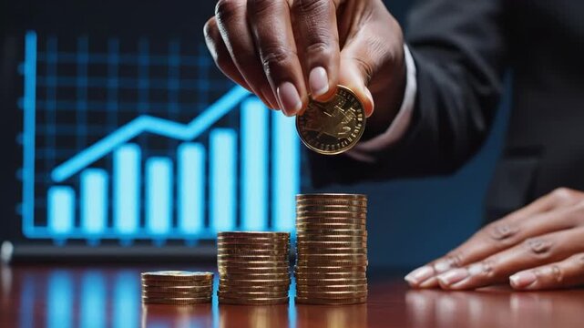 Hand stacking coins with a graph in the background