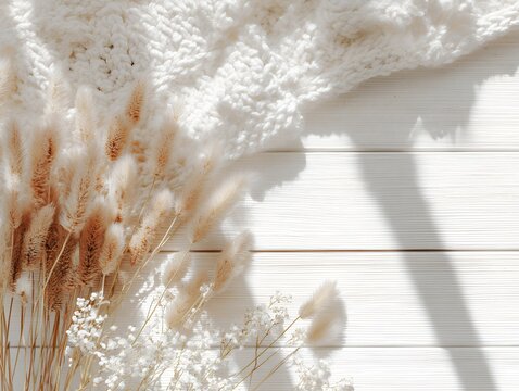 white towel on the table flat lay beige white wildflowers