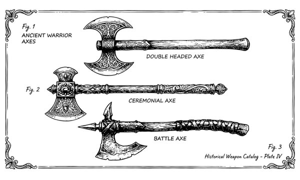 Vintage axe illustration shows ancient warrior, double headed, ceremonial, and battle axes.