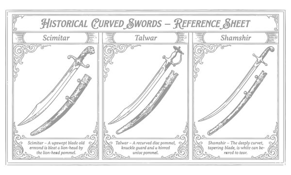 Three historical curved swords Scimitar Talwar and Shamshir illustrated
