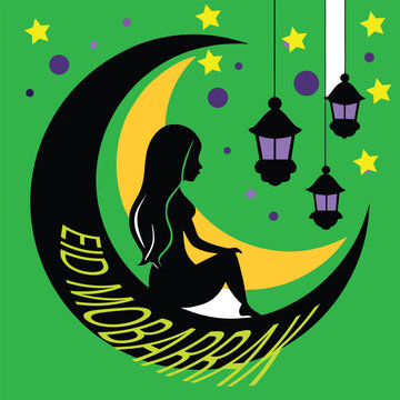 Eid mobarak festive poster with woman silhouette moon stars and hanging lanterns green color