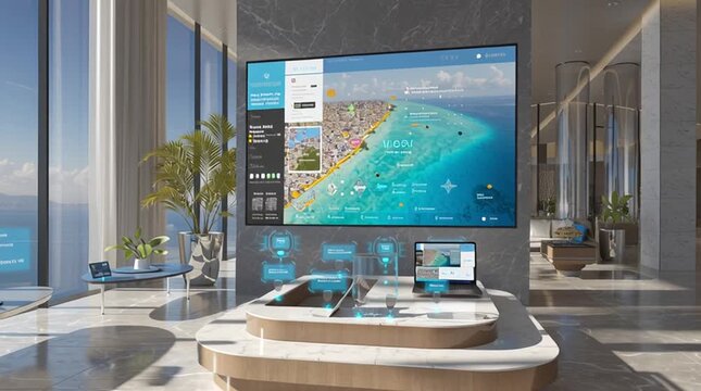 Smart Technology Showcase: A modern display of cutting-edge technology featuring an interactive screen displaying an island paradise, surrounded by an array of smart devices in a sleek.