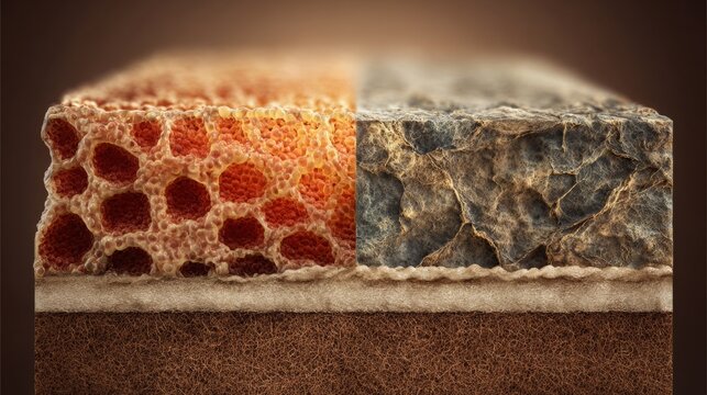 Cross-section illustration comparing healthy skin with wrinkled aging skin. 