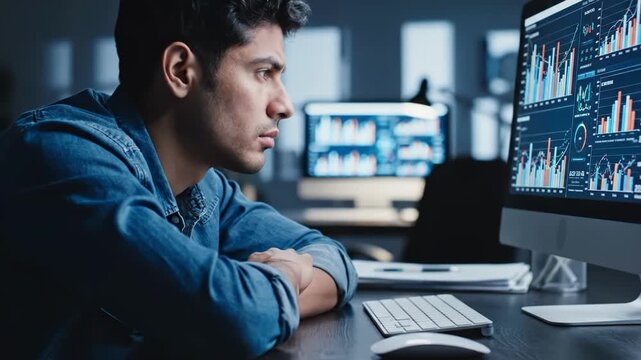 Exhausted man sleeping on a desk in front of a computer with graphs and charts