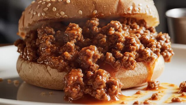 Delicious Sloppy Joe Sandwich on a Sesame Seed Bun, Close Up.