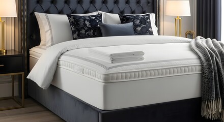 Fototapeta premium Luxurious Bed with White Mattress and Plush Headboard in a Bedroom Setting.