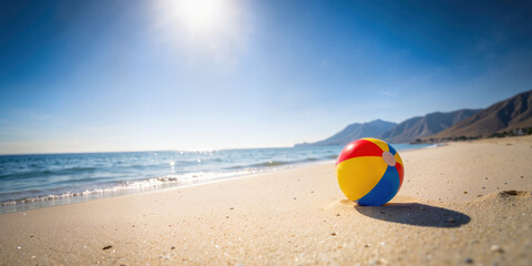 Obraz premium Beach ball sits alone on sandy beach near ocean waves, with distant mountains and clear blue sky with warm sunny light overhead.