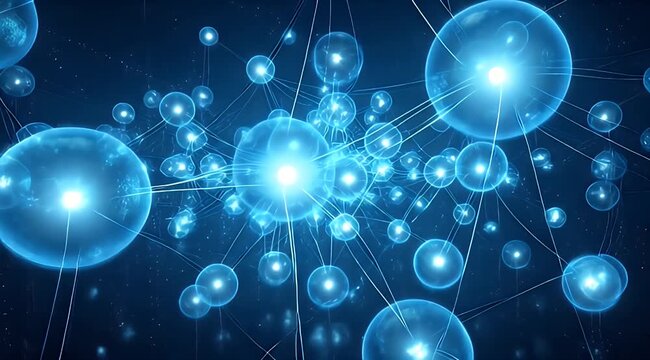 Interconnected glowing blue spheres form an abstract molecular or neural network backdrop