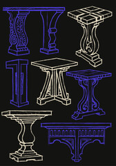 Hand-drawn vector illustration featuring various antique and classic style table bases and architectural elements in chalk sketch art style, with blue and white outlines © creatfive