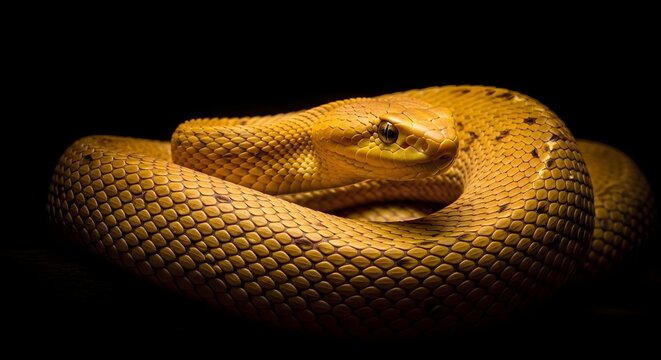 Close-up of a coiled rattlesnake with intricate scale detail against a dark background.