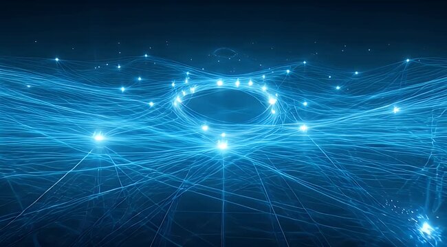 Deep blue abstract network of glowing light lines and bright nodes across a dynamic surface