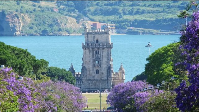 Jacaranda trees bloom with purple flowers along a street in Belem, Lisbon, Portugal. Belem Tower stands tall nearby. Cars move through the area on a sunny day in spring.