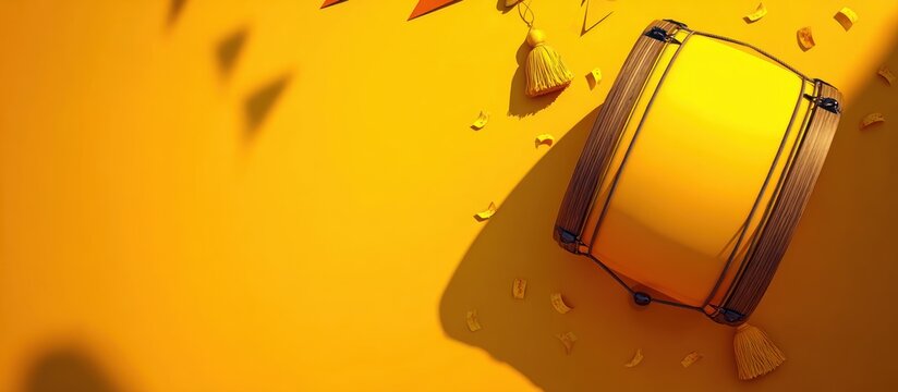 Close animated movie of bright yellow parade drum with tasselled sticks resting on golden background, festive confetti scattered around