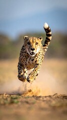 Obraz premium Cheetah sprints forward, kicking up dust. Focused gaze, tail raised. Wildlife