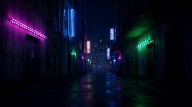 Dark urban alley at night, glowing with diverse neon light reflections on wet street