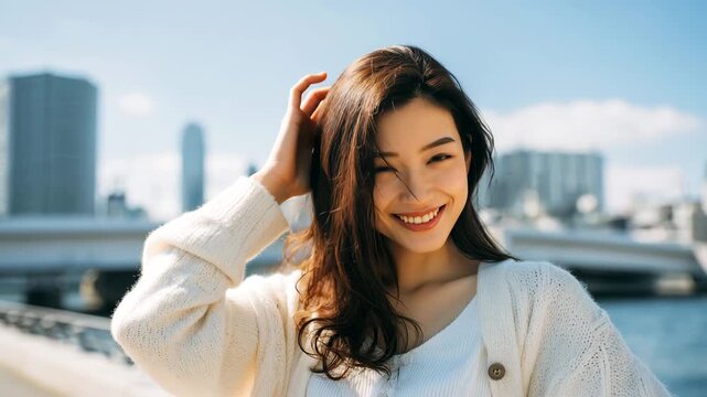 女性が海辺の都市で手を髪に添え晴れやかな空を見上げて微笑む