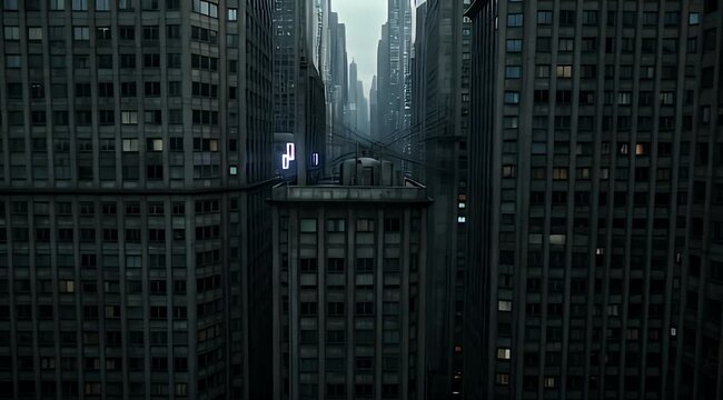 Dark, dense city with towering, gridded buildings and tangled wires crisscrossing the urban canyon