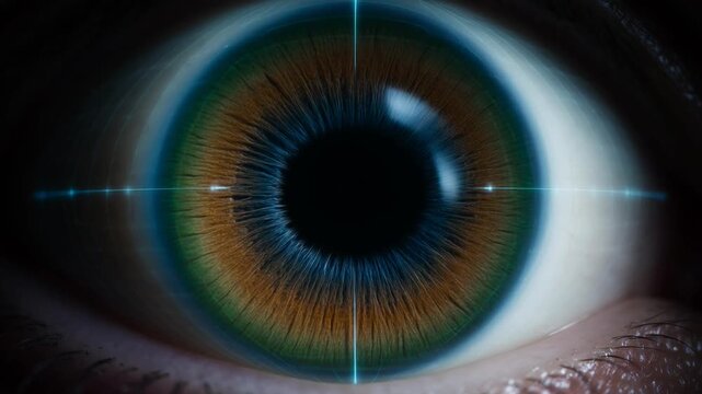 Extreme macro close up of a hazel eye with a blue scan line