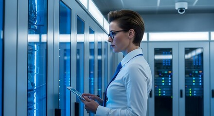 Fototapeta premium Woman with glasses using tablet in server room with glowing blue lights