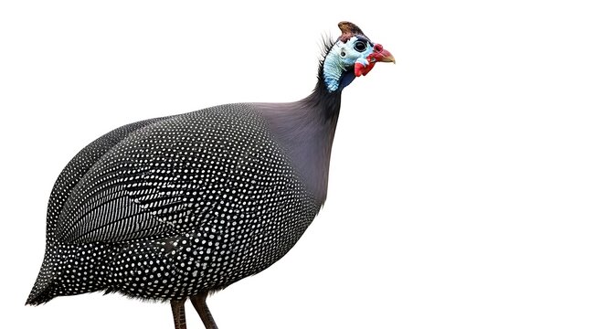Professional bird photography of a spotted guineafowl with a blue featherless head, ideal for nature and educational projects.
