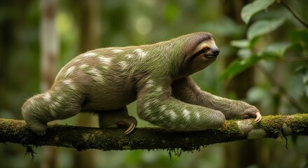 Fototapeta premium A three toed sloth slowly navigates along a mossy tree branch amidst the lush green canopy of a tropical rainforest.