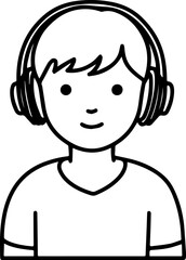 Obraz premium Hand Drawn Boy Wearing Headphones Black and White Avatar Illustration in Minimal Line Art Style Design
