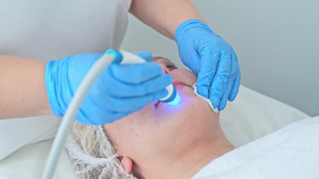 Professional cosmetologist performs an advanced Hydrafacial procedure using blue light for effective acne treatment and skin cleansing.