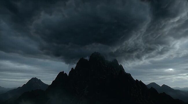 Dramatic dark mountains beneath a swirling, menacing storm cloud formation in a somber sky