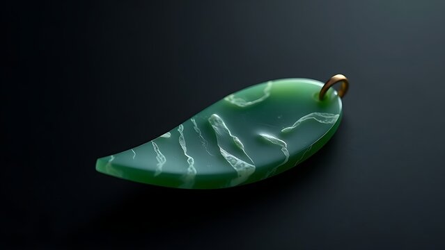 siderite. A slender green jade pendant shaped like a silique on a dark background. event programs, museum guides, designed for cultural heritage projects and event programs, used by fitness trainers.
