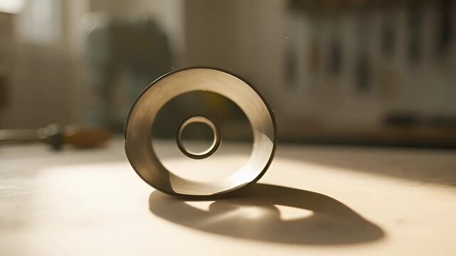 Shiny metal object close up on wooden surface with shadow detail
