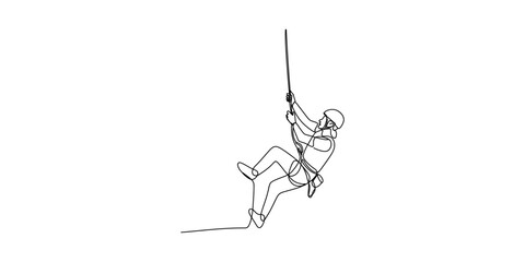 A single continuous line drawing of a climber wearing a helmet and harness rappelling on a rope Vector, illustration © Single Line Art