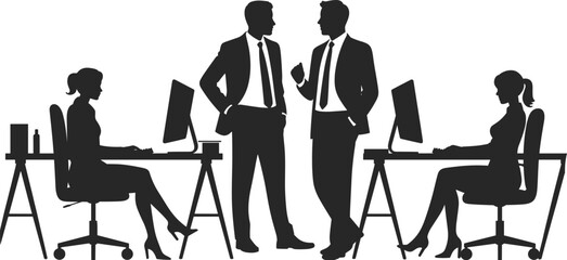 Business office teamwork silhouette, corporate employees working at computers while managers discussing strategy and leadership, professional workplace collaboration flat vector illustration