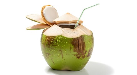 Fresh Green Coconut with Drinking Straw and Sealed Lid on White Background