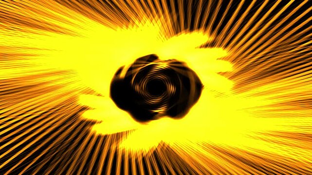 Radiant yellow energy pulses from a dark center. Light streaks spiral outward in a mesmerizing motion