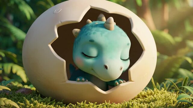 Cute baby dinosaur hatching from an egg in a prehistoric jungle