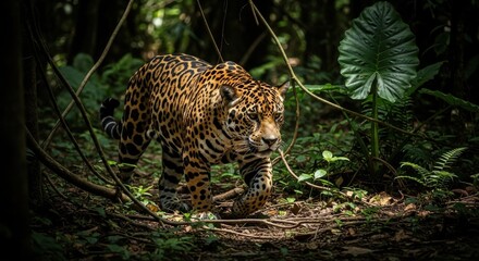 Obraz premium Powerful jaguar with striking spotted coat prowls silently through dense jungle foliage
