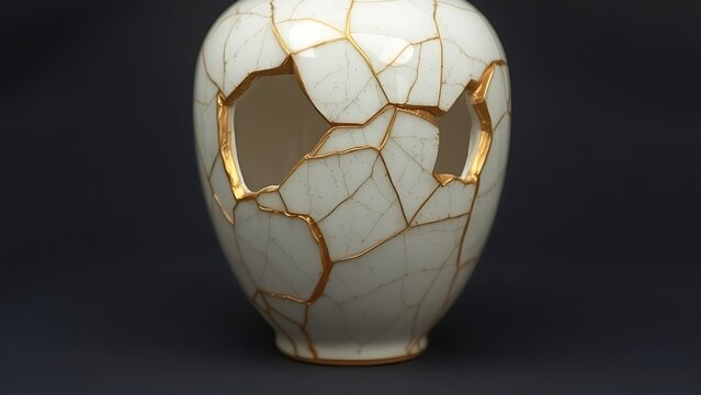 bennington. Shattered ceramic vase repaired with golden lacquer, kintsugi art on simple background. event programs, museum guides, designed for cultural heritage projects and event programs.
